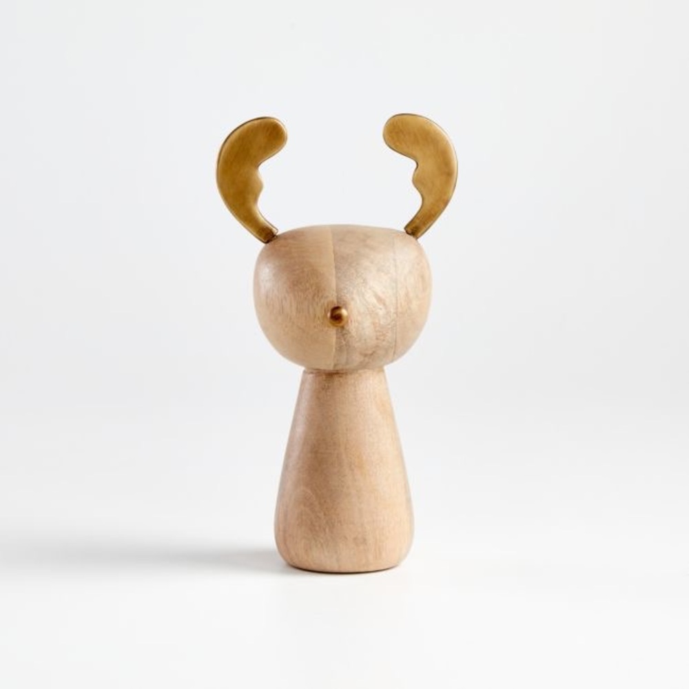 CRATE AND BARREL MANGO WOOD REINDEER BRASS ANTLER NEW CHRISTMAS